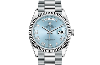 replica Rolex Day-Date 36 Oyster 36 mm platino Quadrante blu ghiaccio M128236-0008